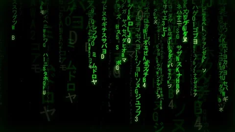 Digital rain of falling green matrix code characters on a black background for Stock Footage 336779876