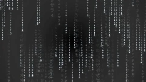 Digital rain of falling white binary code and characters on a dark black Stock Footage 343165103