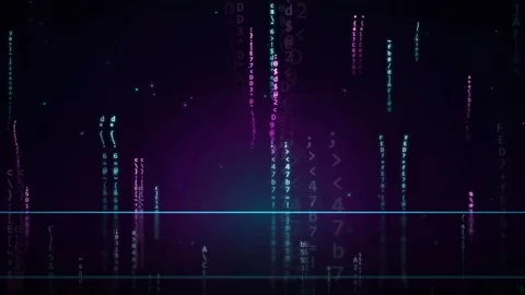 Digital rain of glowing binary code and characters falling on a dark purple Stock-Footage 343160173