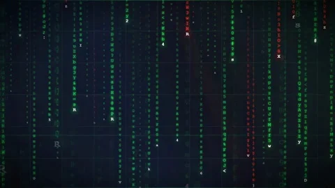 Digital rain of green and red binary code falling on a dark futuristic Stock Footage 336774081