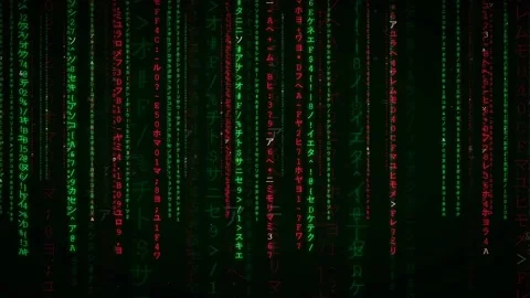 Digital Rain of Green and Red Binary Code Falling on Black Background for Cyber Stock Footage 336774952