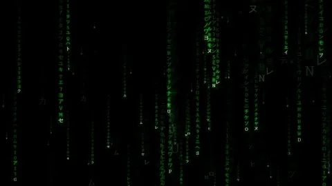 Digital rain of green binary code and characters falling on a black background Stock Footage 336775436