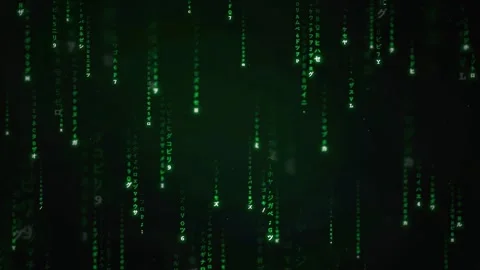 Digital rain of green binary code and characters falling on a black background Stock Footage 336775440