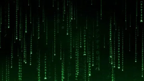 Digital Rain of Green Binary Code and Japanese Characters Falling on Black Stock Footage 336775576
