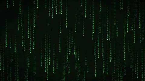 Digital Rain of Green Binary Code and Characters Falling on a Black Background Stock Footage 336776602
