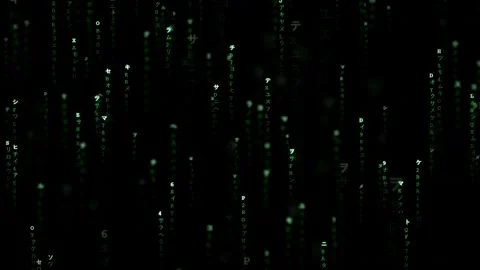 Digital rain of green binary code and characters falling on a black background Stock Footage 336777124