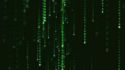 Digital rain of green binary code and alphanumeric characters falling on a Stock Footage 336777753