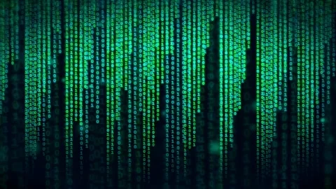 Digital rain of green binary code falling on a dark background for technology Stock Footage 336778658
