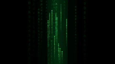 Digital rain of green binary code and symbols falling on a black background Видео 341817969