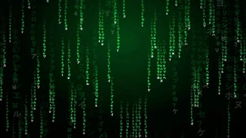 Digital rain of green binary code and characters falling on a black background Stock Footage 341830517