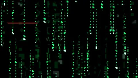 Digital rain of green binary code and symbols falling on a black background Stock Footage 341834200