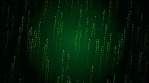 Digital rain of green binary code and characters falling on a black background Stock-Footage 343157675