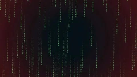 Digital rain of green binary code falling over a dark red and black background Video stock 343160572