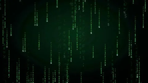 Digital rain of green binary code and characters falling on a dark black Stock Footage 343163347
