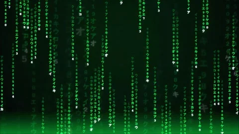 Digital rain of green binary code and characters falling on a black background Video stock 343165877