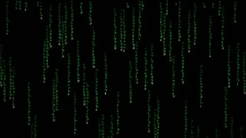Digital rain of green binary code and characters falling on a black background Stock Footage 345765692