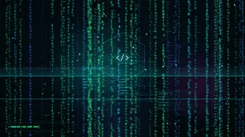 Digital rain of green binary code and programming symbols on a dark Stock-Footage 346207668