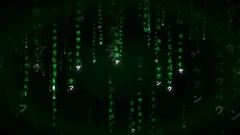 Digital rain of green falling code characters on a black background for Stock Footage 336774949