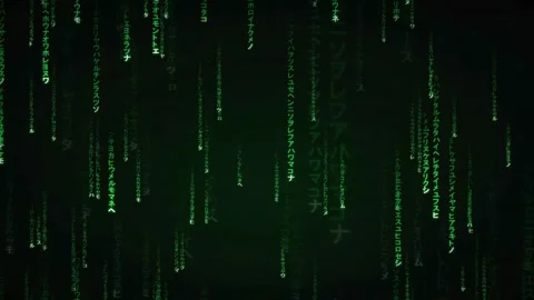 Digital rain of green falling code characters on a black background for Stock Footage 336777691