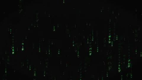 Digital rain of green falling japanese characters on a black background for Stock Footage 336775309