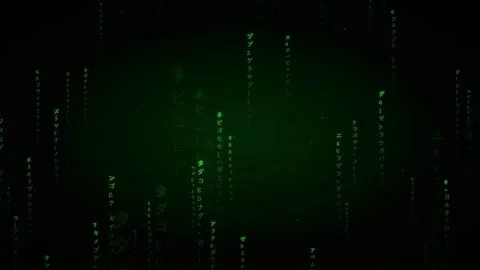 Digital rain of green falling matrix code characters on a dark black background Stock Footage 336774138