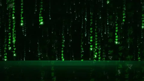 Digital rain of green falling matrix code characters on a black background for Stock Footage 336775451