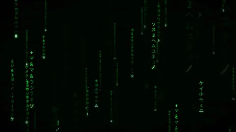 Digital rain of green falling matrix code characters on a black background for Stock Footage 336780514