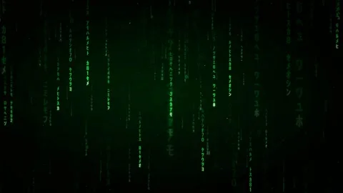 Digital rain of green glowing computer code falling on a black background for Stock Footage 336777342