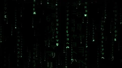 Digital rain of green glowing computer code and characters falling on a black Stock Footage 336777606