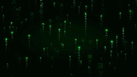 Digital rain of green glowing matrix code falling on a black background for Stock Footage 336776861