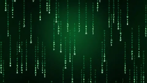 Digital rain of green matrix code falling vertically on a dark black background Stock Footage 346203964