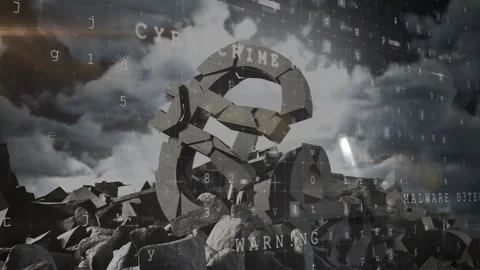 Digital rain signaling malware warnings, scanning orb lighting euro sculpture Stock Footage 312099705