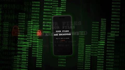 Digital Ransomware Attack Animation with Encrypted Files Message on Smartphone Stock Footage 343157154