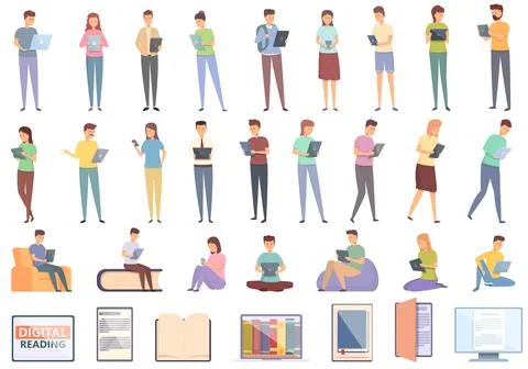 Digital reading icons set cartoon . Book library イラスト素材