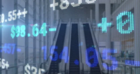 Digital readouts floating above escalator bank, framing glass walls and steel Stock Footage 309066423