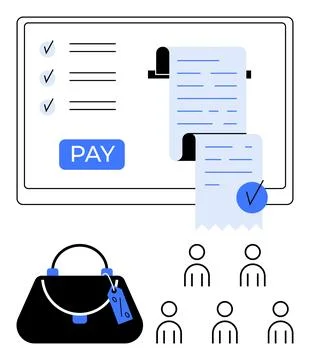 Digital receipt printer pay button, checklist on a screen, and black handbag. Stock Illustration