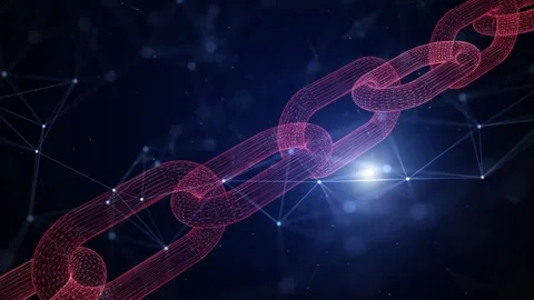 Digital red chain rotation on dark blue cyberspace background Stock Footage 341433422