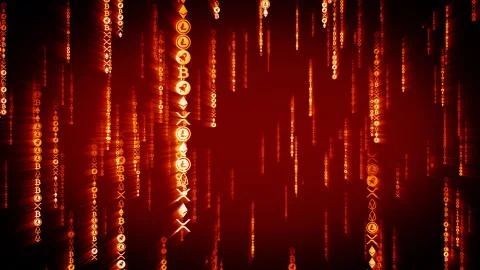 Digital red crypto coins falling in Matrix style. Blockchain concept 스톡 일러스트