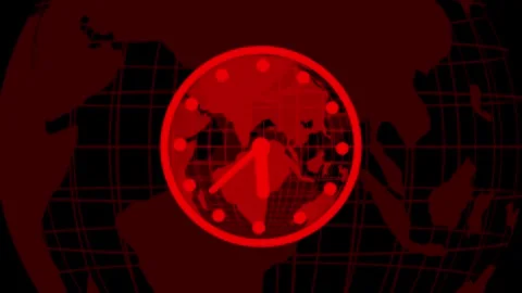 Digital red Earth clock on dark backdrop with faint world map grid, animate.. Stock-Footage 321625985