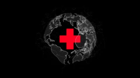 Digital red Earth rotating around mark red cross. 3D animation Stock Footage 129485437
