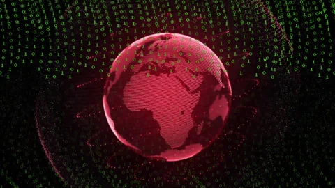 Digital red globe rotating over dark space, streaming green binary code and Stock Footage 309110951