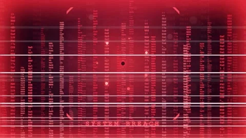 Digital red screen with scrolling computer code and system breach warning for Stock Footage 343153189