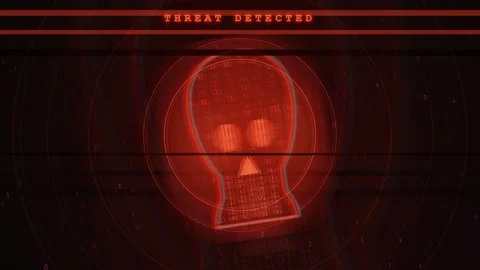 Digital Red Skull HUD Interface with Threat Detected Warning and Glitch Cyber Stock Footage 341828626