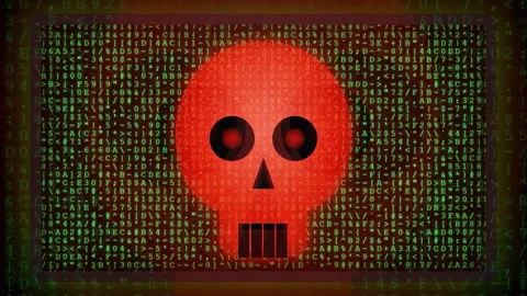 Digital Red Skull Icon Over Green Binary Code Background Representing Cyber Stock-Footage 343161193