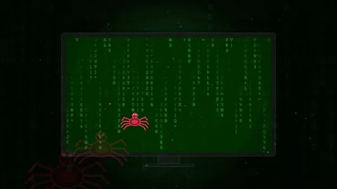Digital Red Spiders Crawling Over Green Binary Code on a Computer Monitor Screen Stock Footage 343170158