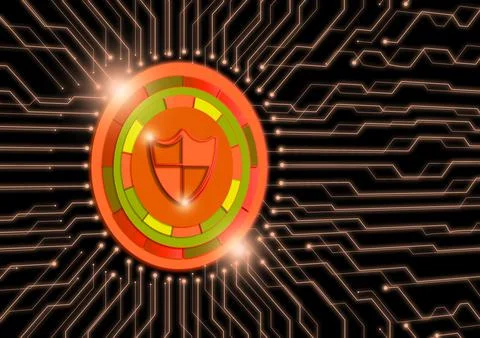 A digital reddish orange shield. Data protection business internet technology Stock Illustration