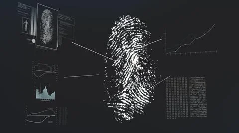Digital render of a black and white fingerprint analysis screen Illustrazione stock
