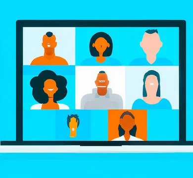 Digital render of a cartoon colorful computer screen with video-chatting people イラスト素材