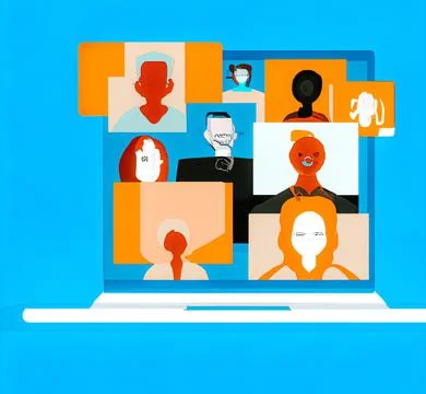 Digital render of a cartoon colorful computer screen with video-chatting people Illustrazione stock