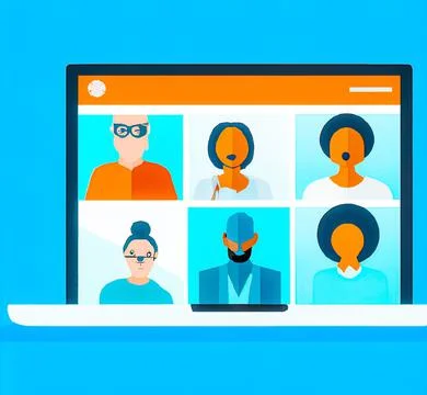 Digital render of a cartoon colorful computer screen with video-chatting people Stock Illustration